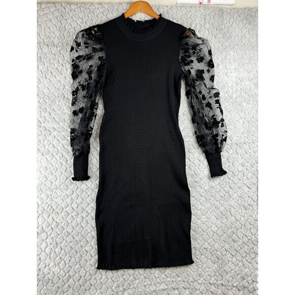 Almost‎ Famous Black Dress Stretch below Knee Sheer Floral Sleeves Size M/L - Picture 2 of 12
